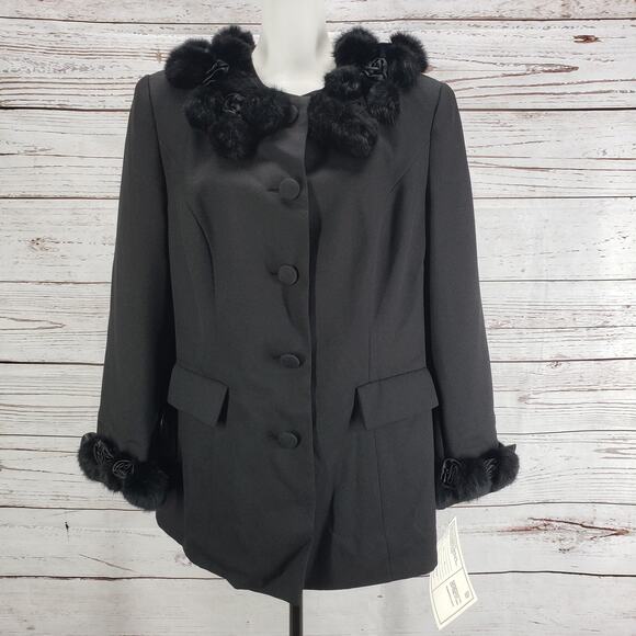 Katherine Kay Ltd. New Black Button Up Rabbit Fur Trim Jacket Coat Size 14W - Picture 1 of 11